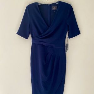 Adrianna Papell Sz 4 Navy Blue V Neck Cocktail Dress 1/2 Sleeve